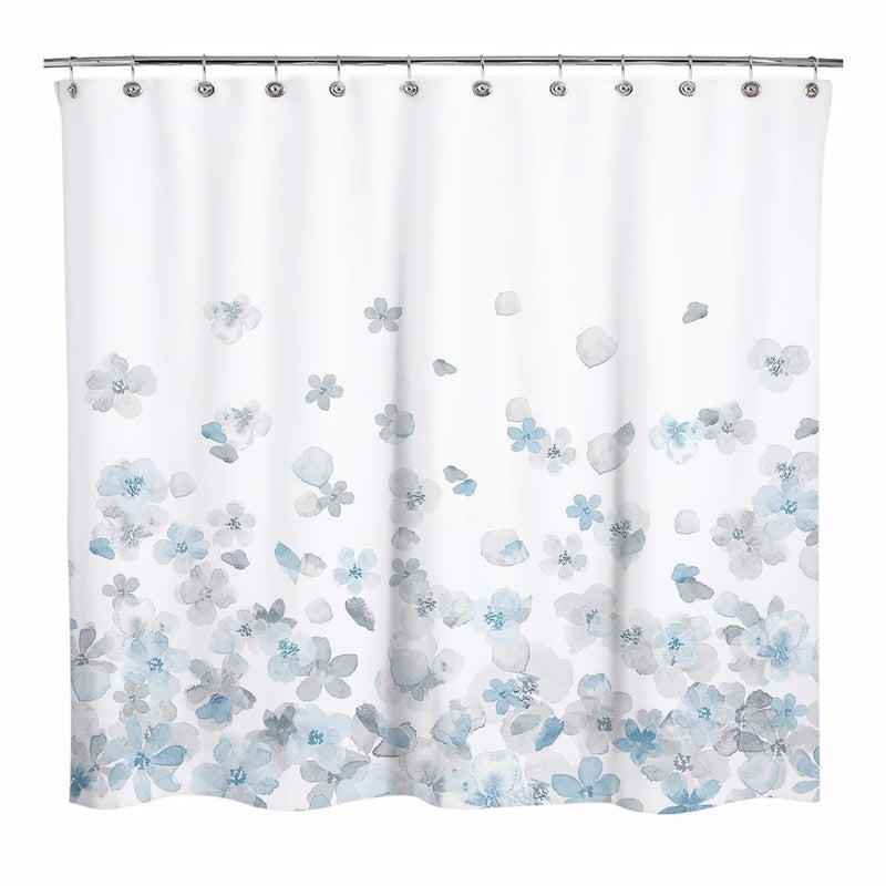 Sunlit Design Simple Style Blue and Gray Flower Blossoms Fabric Shower Curtains for Bathroom Decor with White Background, Machine Washable - Image 1